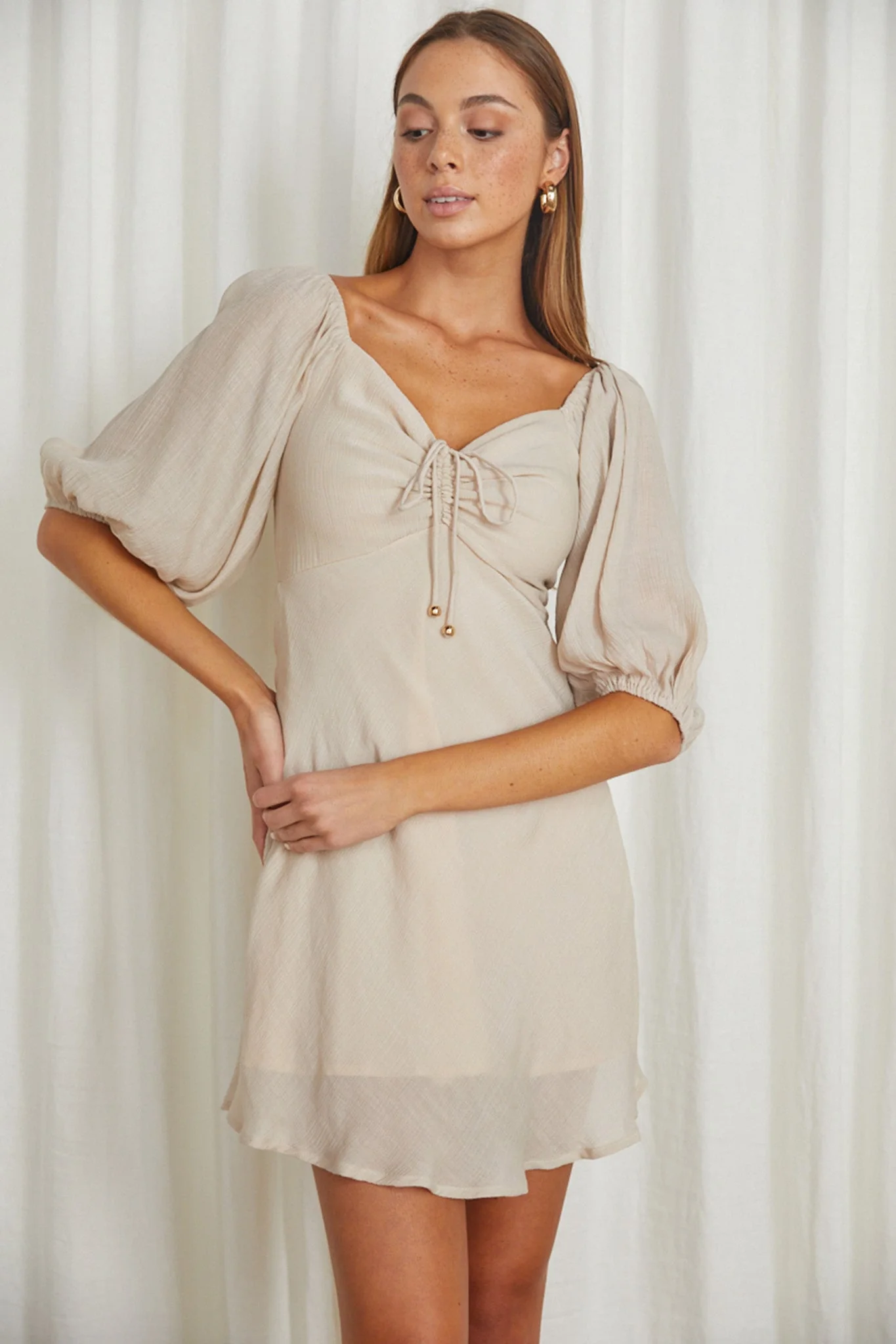 Avaline Drawstring Bust Mini Dress Beige - Image 2