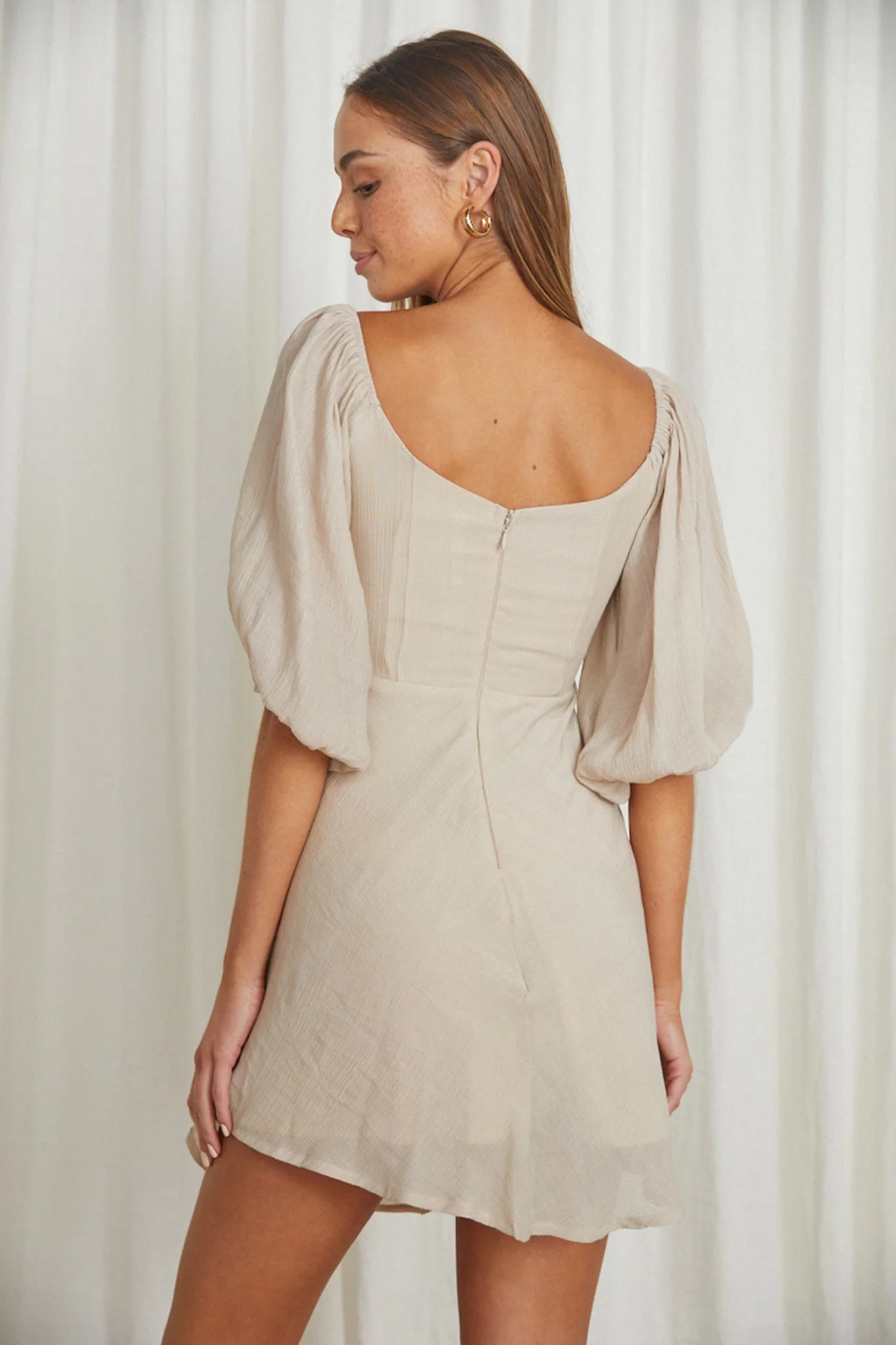 Avaline Drawstring Bust Mini Dress Beige - Image 3