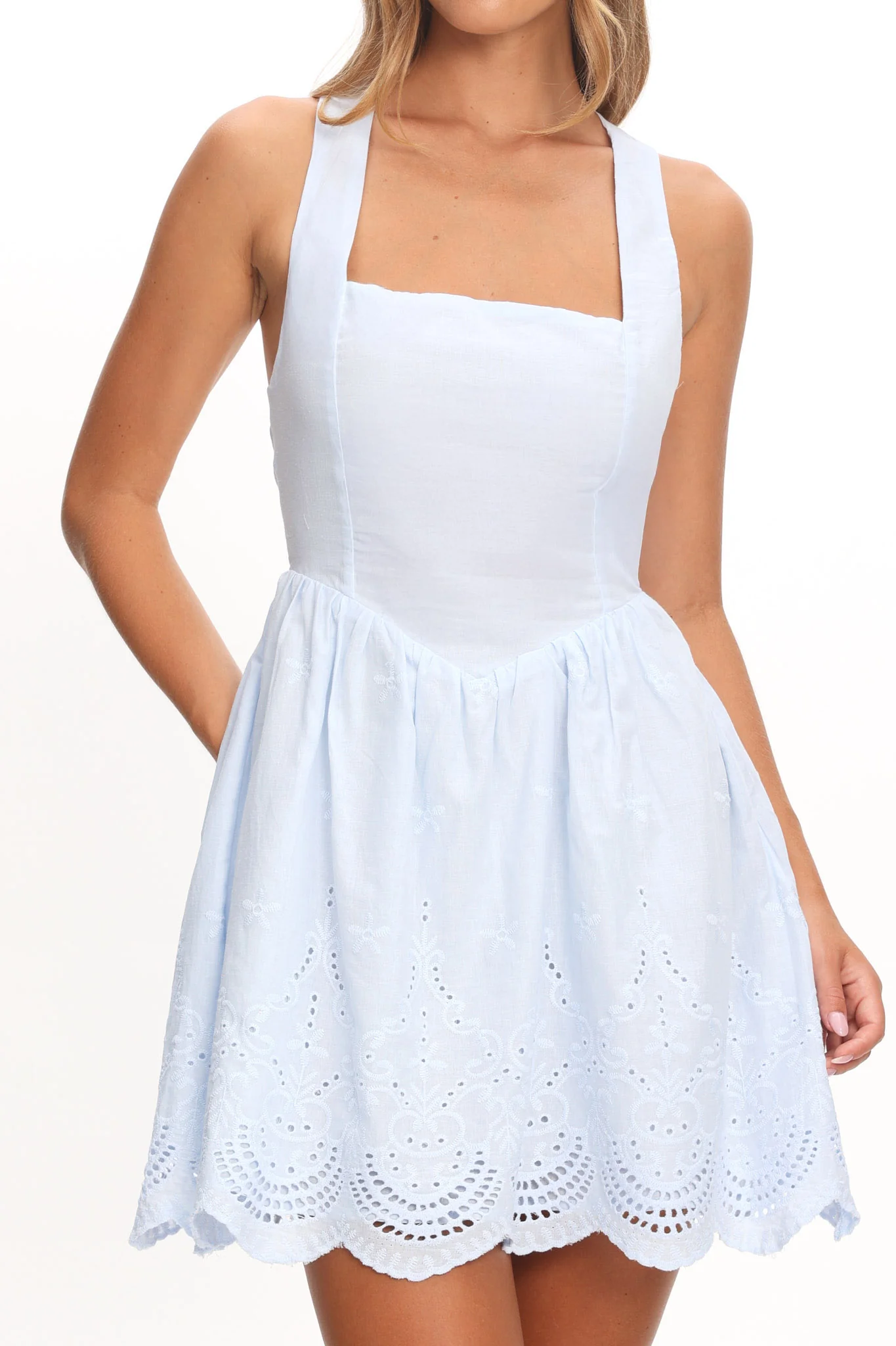 Aveline Eyelet Lace-Up Back Mini Dress Blue - Image 4