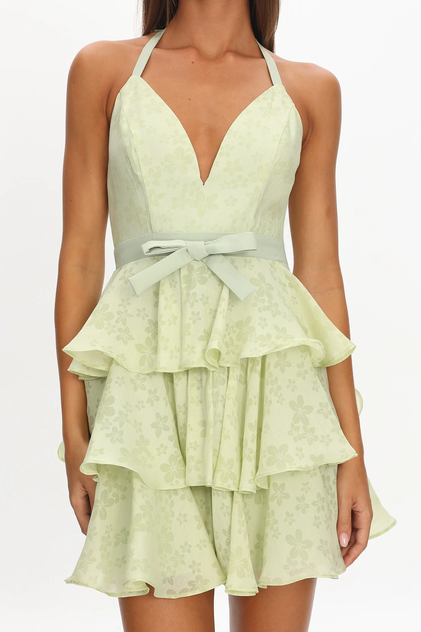 Ayala Halterneck Ruffle Mini Dress Floral Lime - Image 3