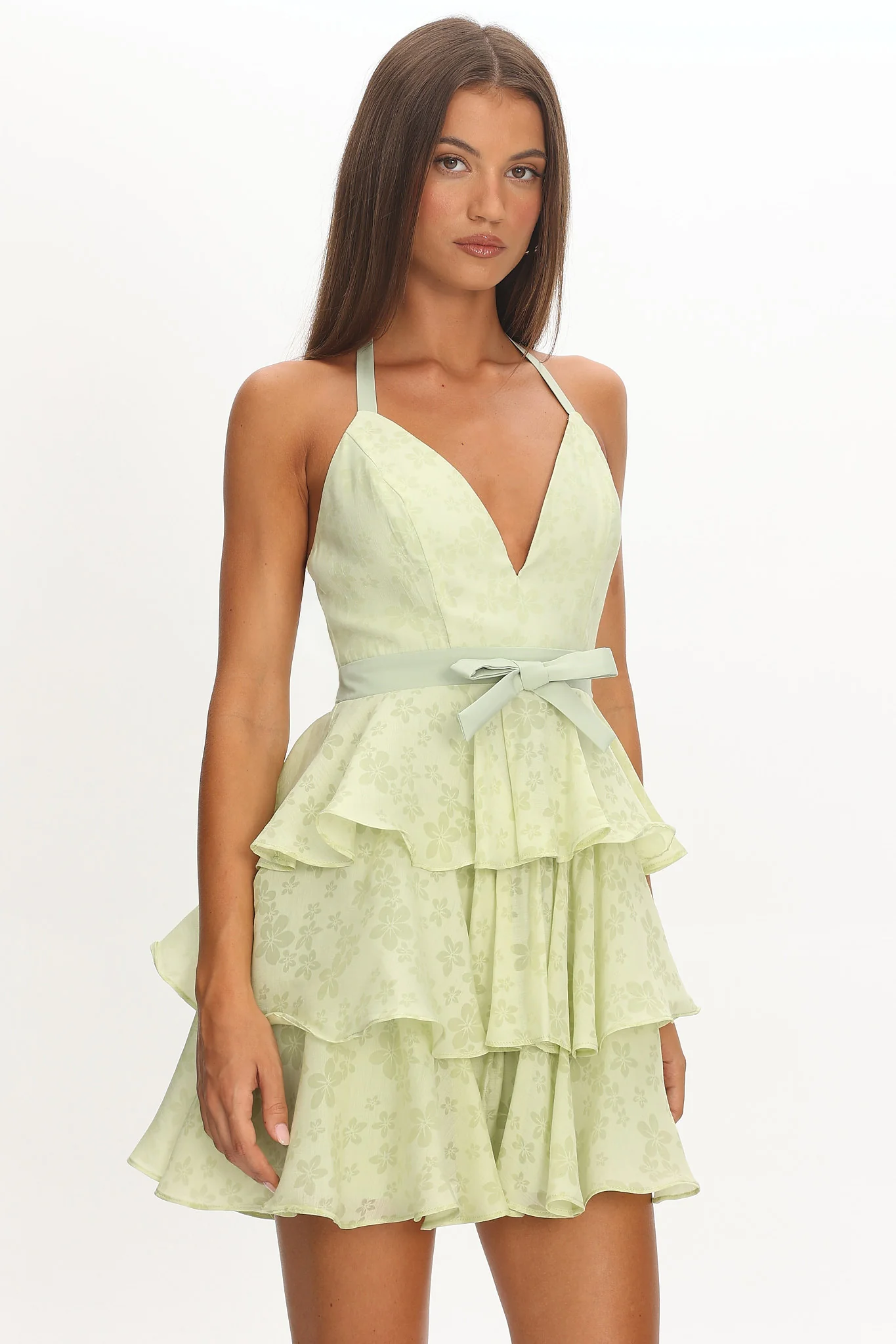 Ayala Halterneck Ruffle Mini Dress Floral Lime - Image 5