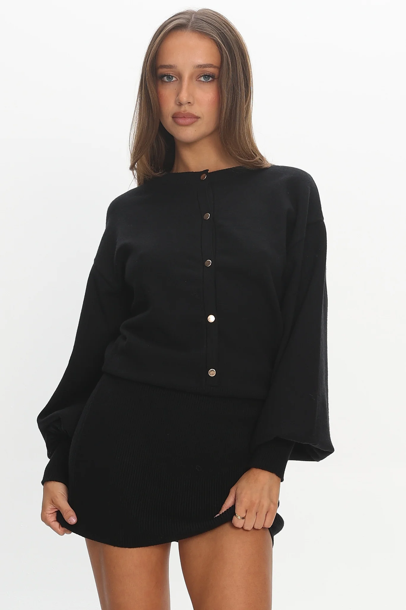 Azari Buttoned Knit Mini Dress Black
