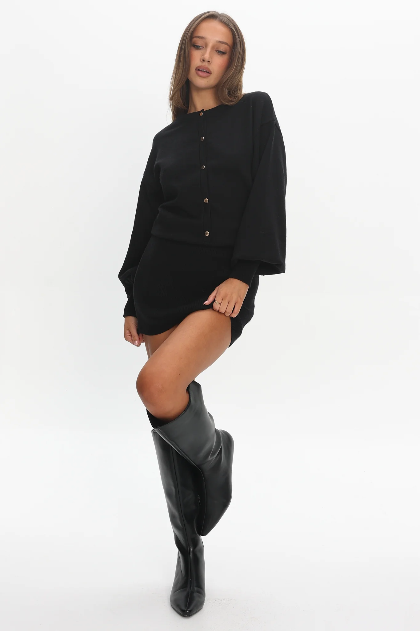 Azari Buttoned Knit Mini Dress Black - Image 2