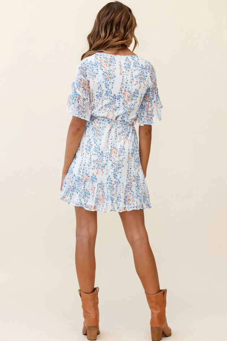 Azealia Ruffle Hem Dress Floral Spring Print White - Image 3