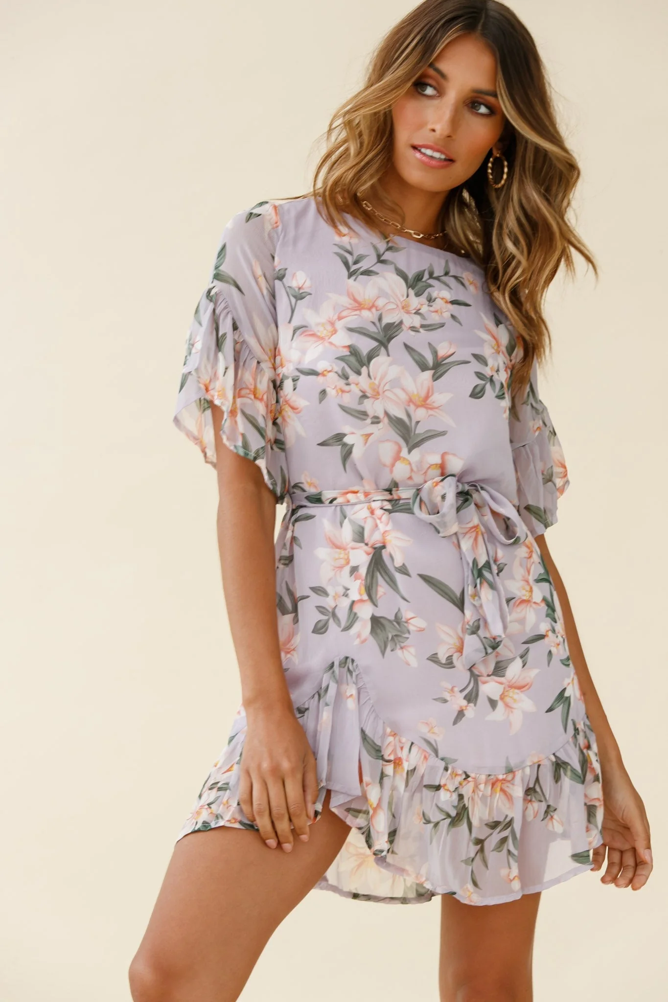 Azealia Ruffle Hem Dress Flower Print Purple - Image 4