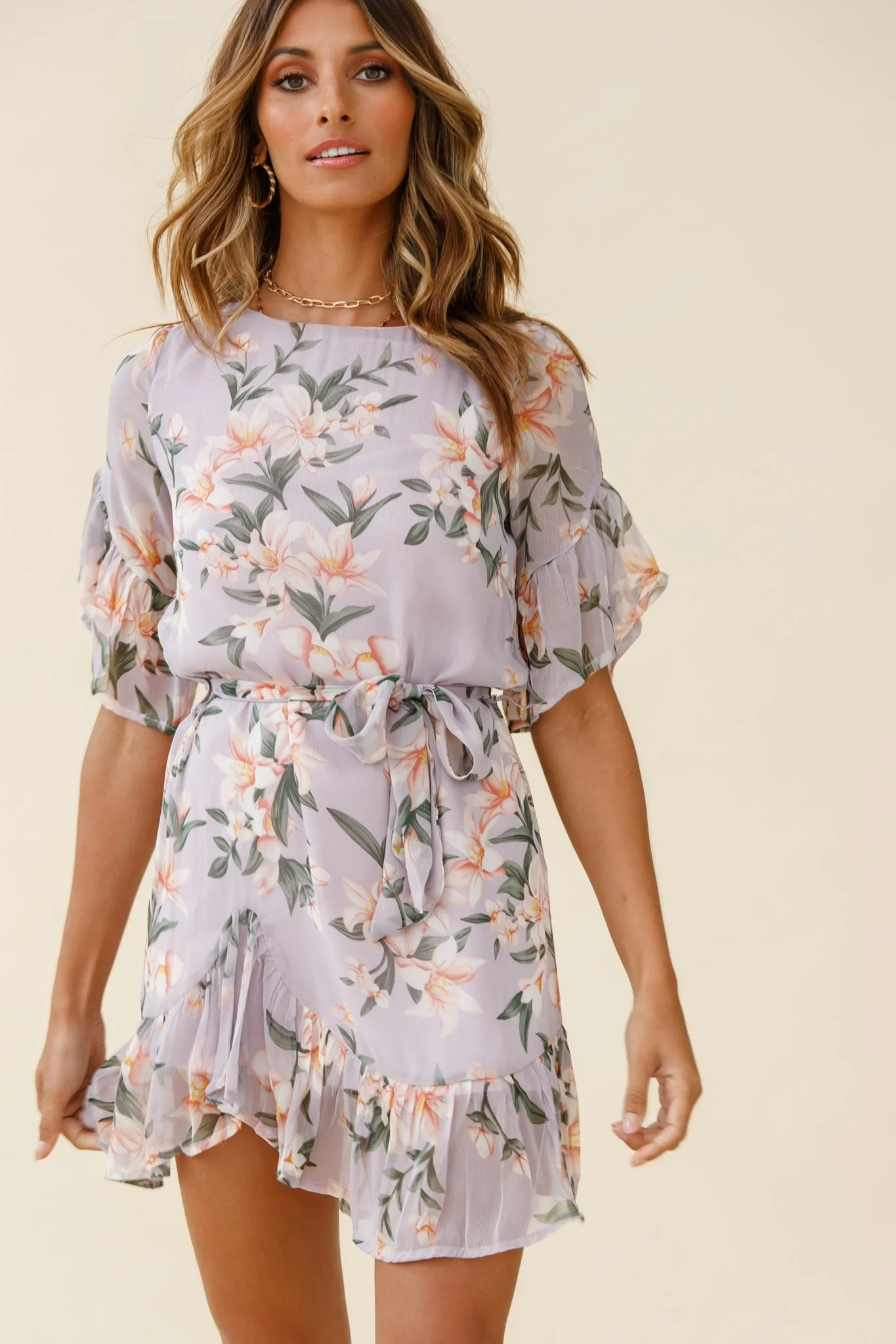 Azealia Ruffle Hem Dress Flower Print Purple - Image 5