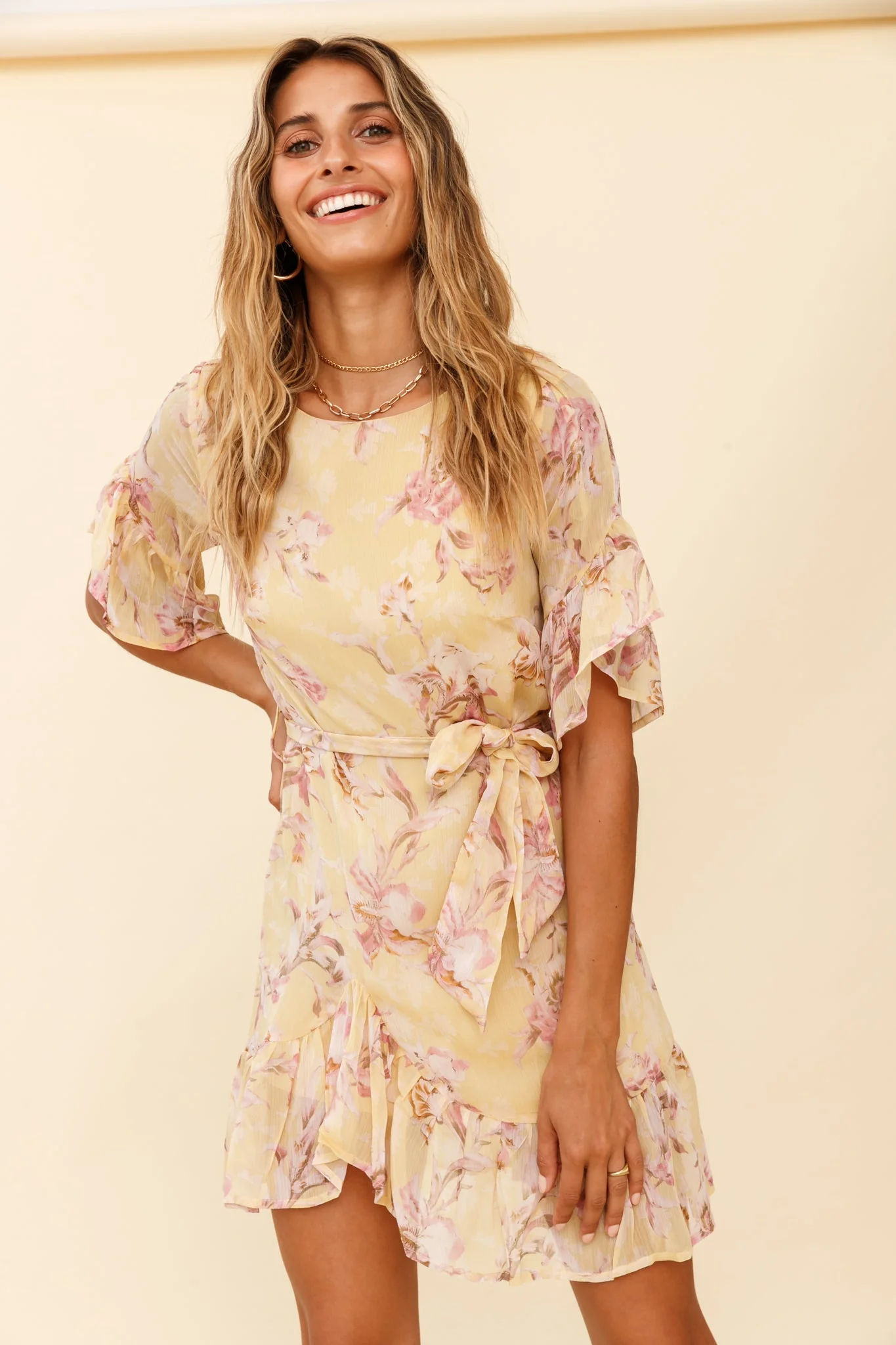 Azealia Ruffle Hem Dress Orchid Print Yellow - Image 6