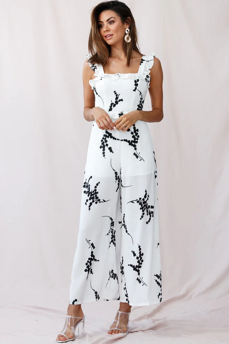 Azure Frill Strap Wide Leg Jumpsuit Floral Print White - Image 2