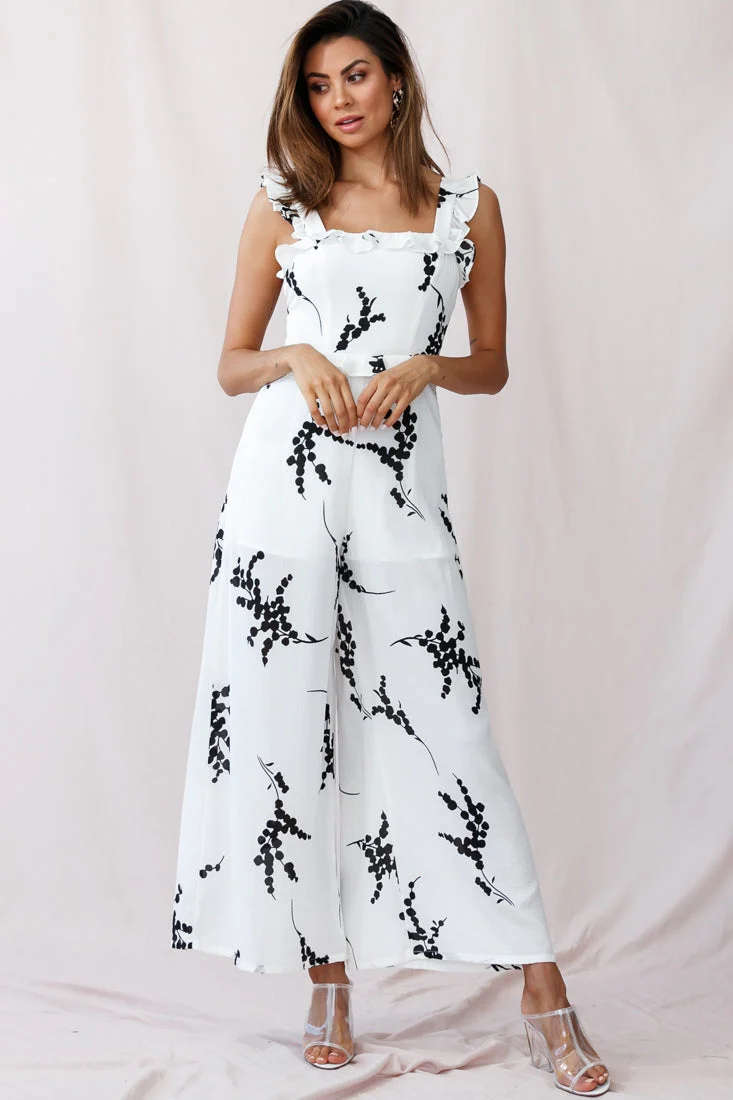 Azure Frill Strap Wide Leg Jumpsuit Floral Print White - Image 6