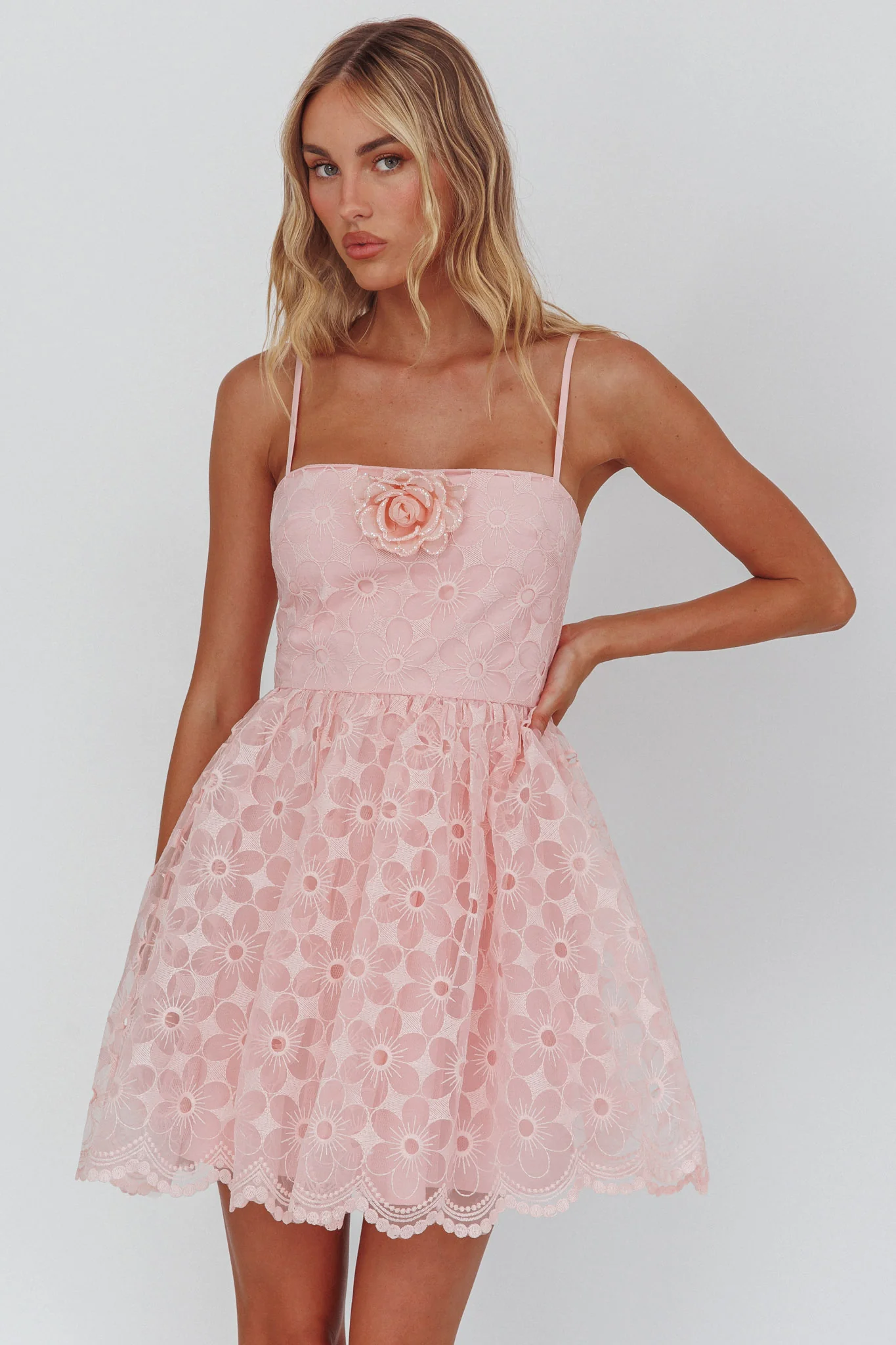Bahia A-Line Square Neckline Mini Dress Lace Blush - Image 5