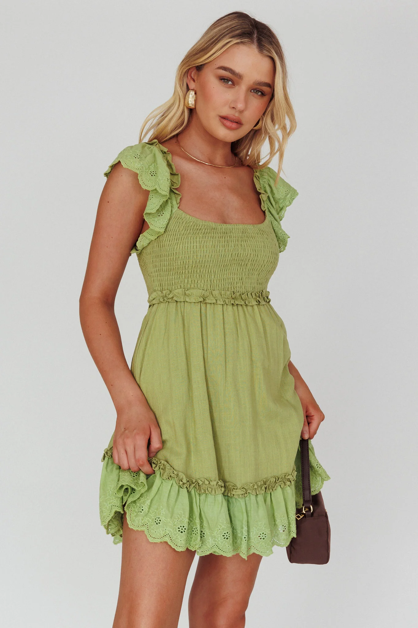 Bay Breeze Frill Shoulder Shirred Bodice Dress Olive - Image 5