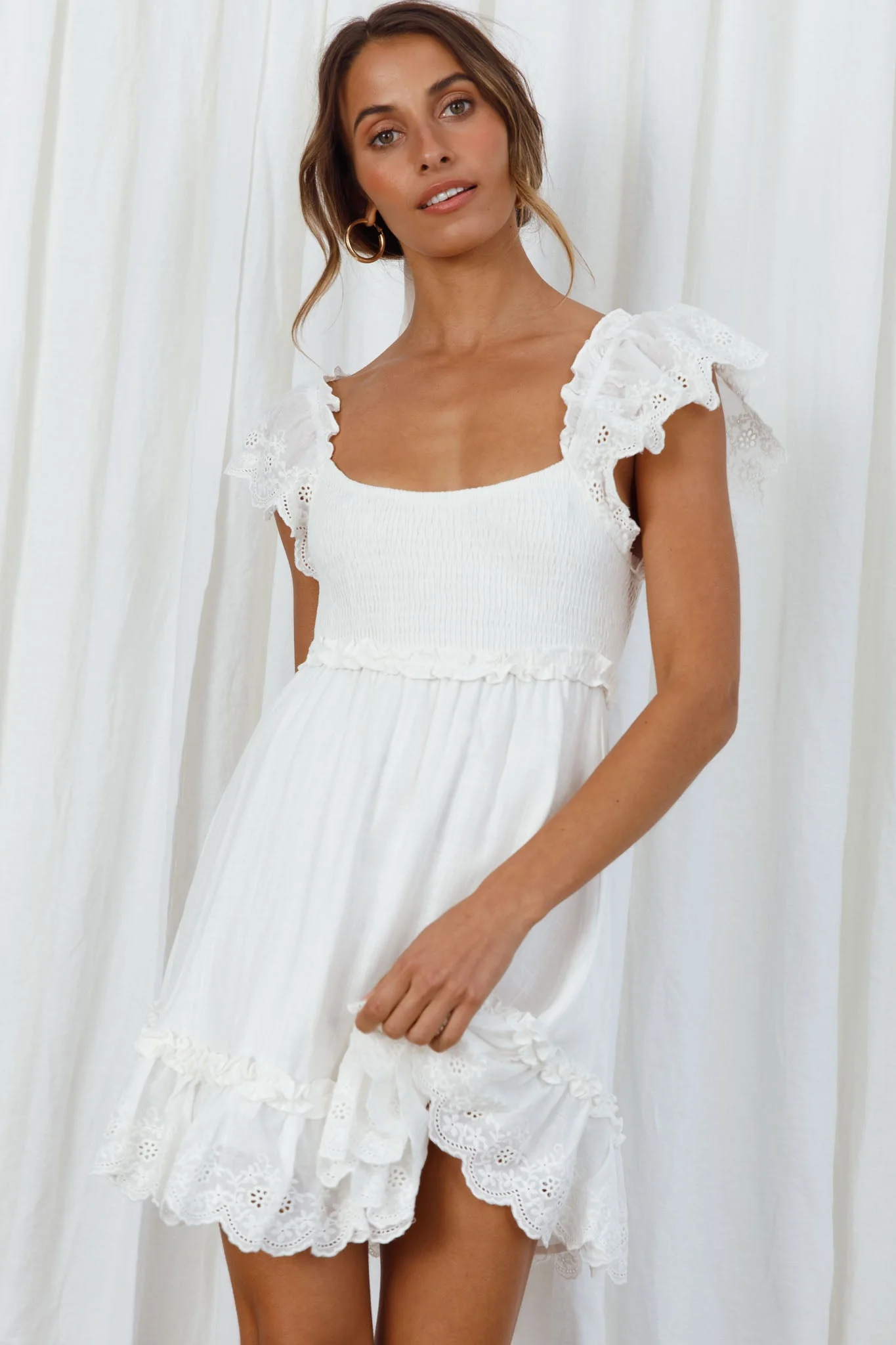 Bay Breeze Frill Shoulder Shirred Bodice Dress White - Image 7