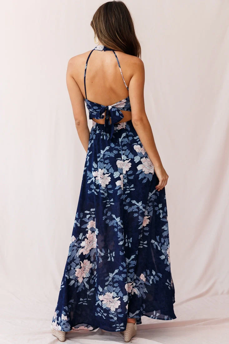 Baylor Floral Halterneck Maxi Dress Navy - Image 3