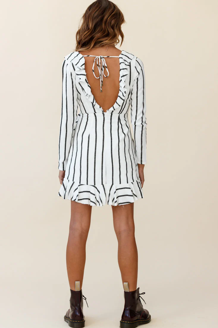 Beatrice Faux Wrap Ruffle Trim Raw Edge Dress White/Black Stripe - Image 3