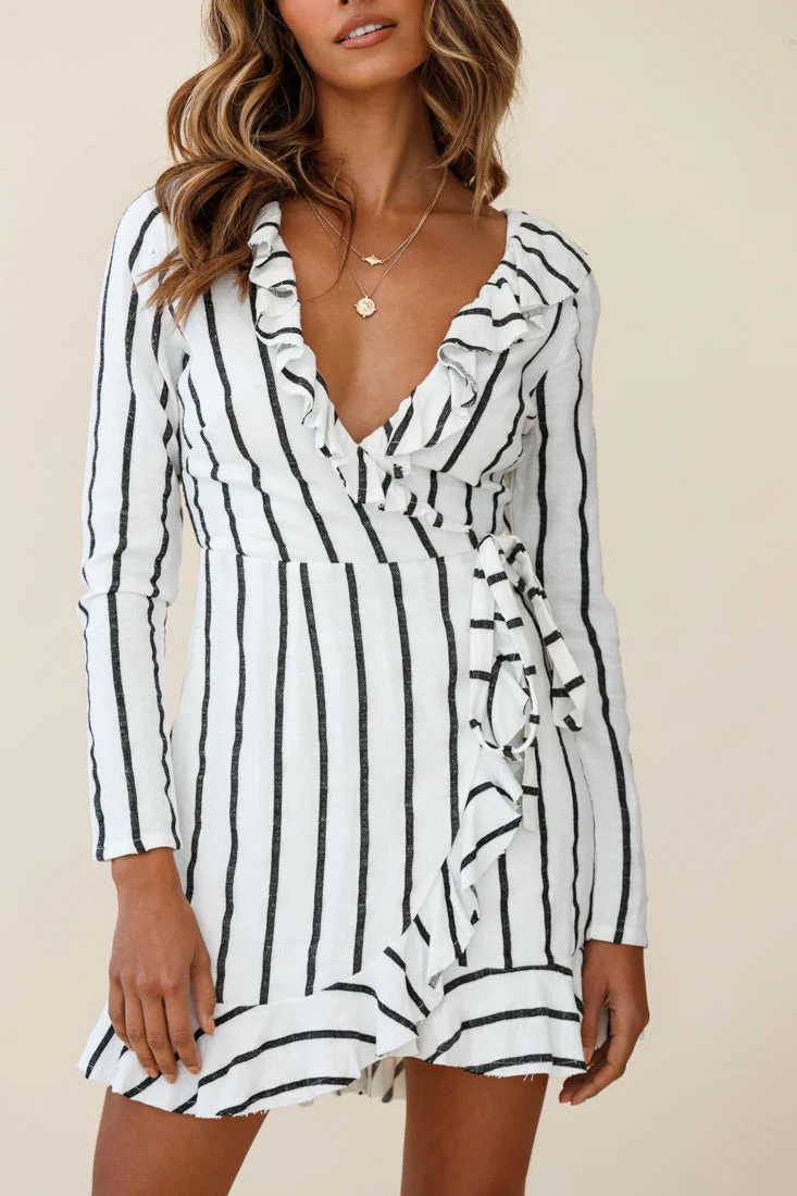 Beatrice Faux Wrap Ruffle Trim Raw Edge Dress White/Black Stripe - Image 7