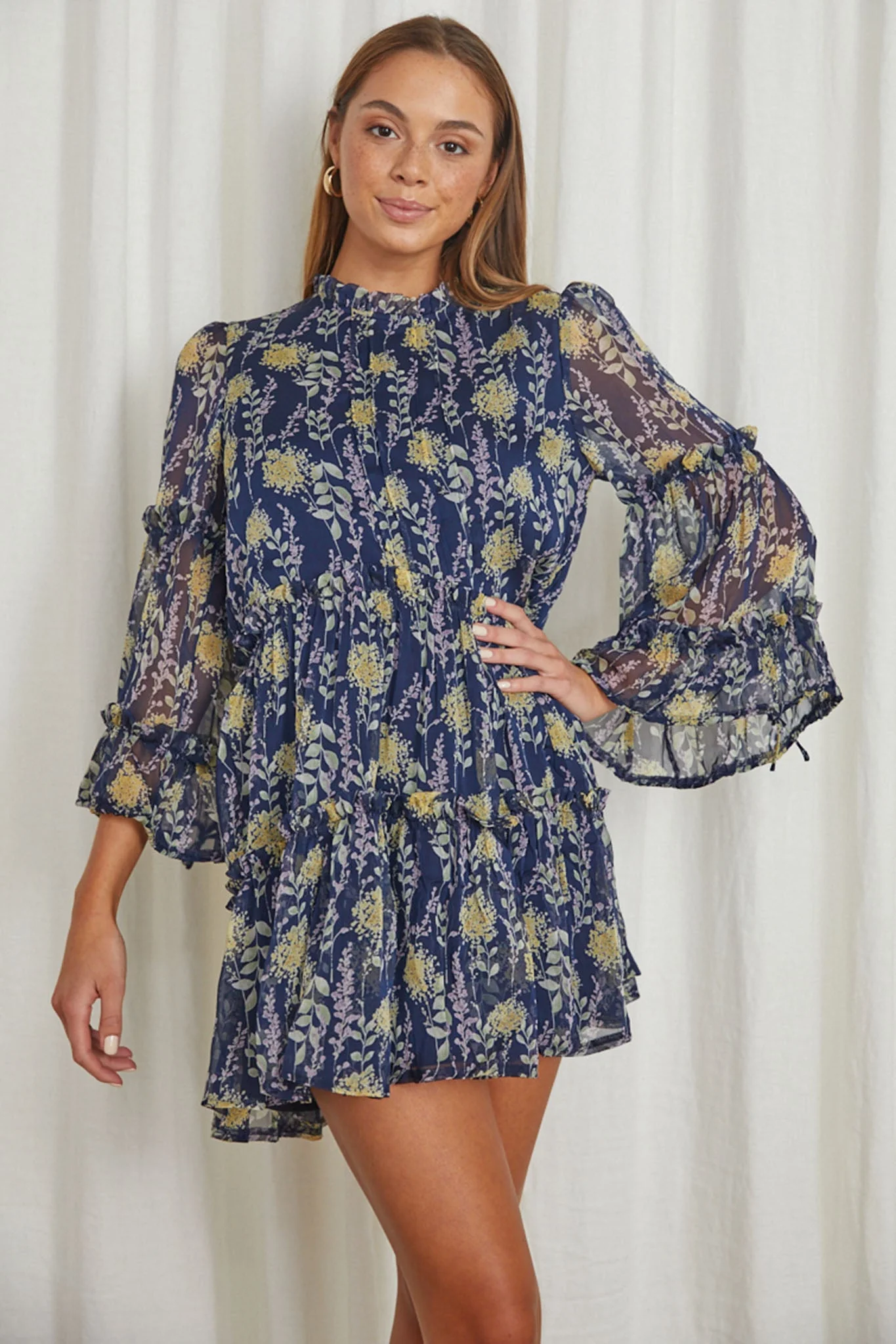 Beatrix High Neck Balloon Sleeve Dress Floral Midnight Blue - Image 4