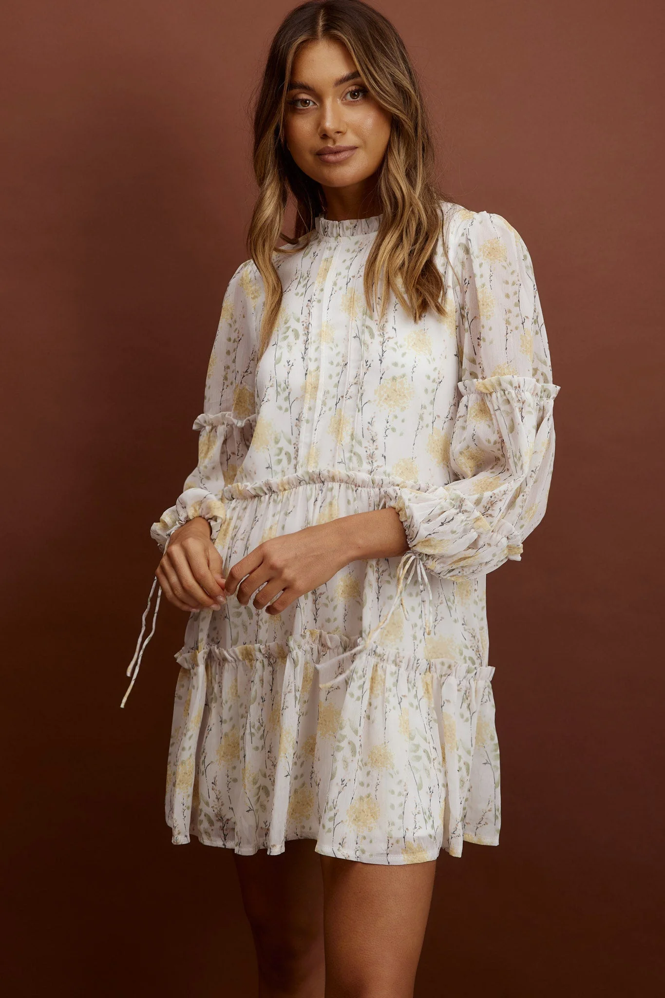 Beatrix High Neck Balloon Sleeve Dress Floral Yellow - Image 8