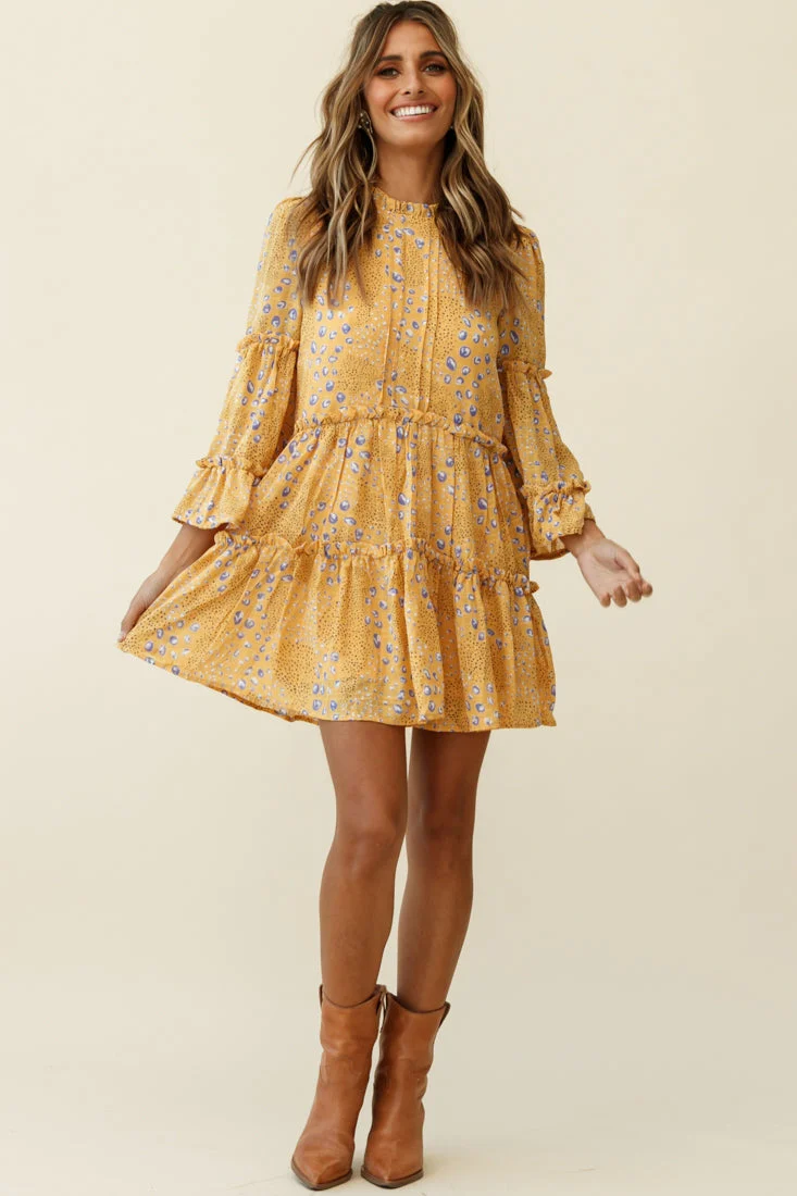 Beatrix High Neck Bell Sleeve Dress Droplet Print Yellow - Image 5