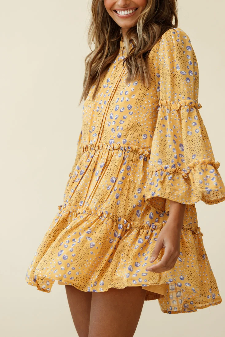 Beatrix High Neck Bell Sleeve Dress Droplet Print Yellow - Image 7
