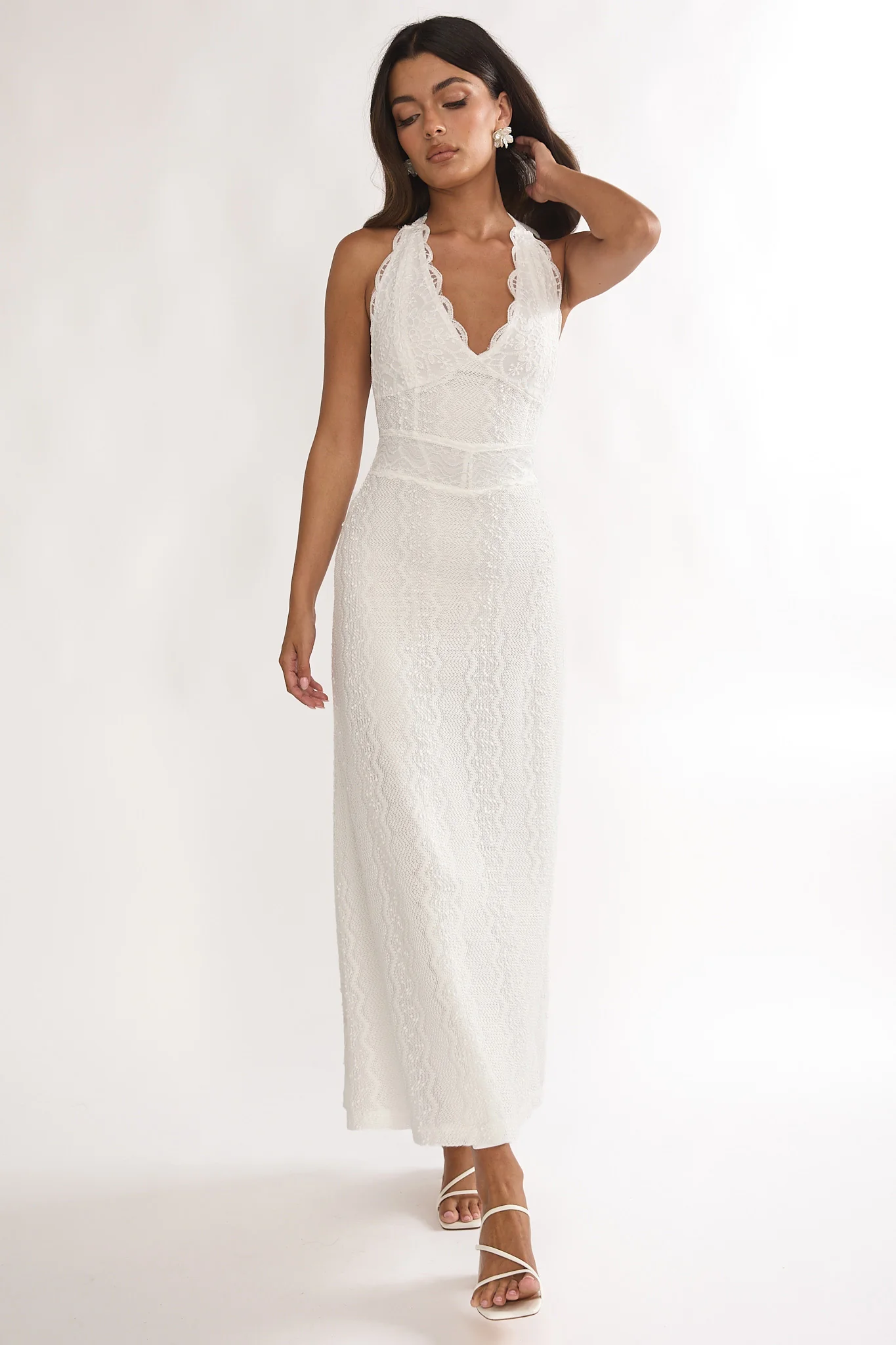 Beaucoup Lace Overlay Halterneck Maxi Dress Cream - Image 2