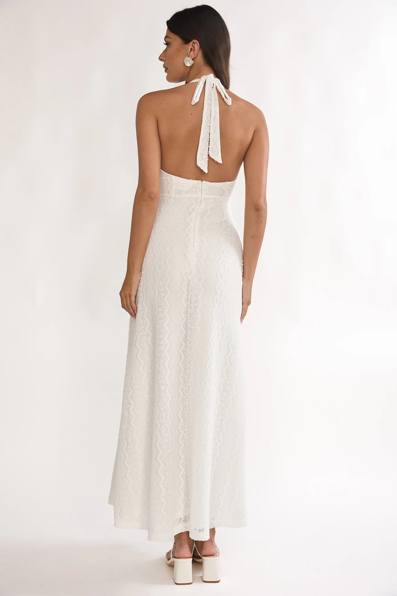 Beaucoup Lace Overlay Halterneck Maxi Dress Cream - Image 4