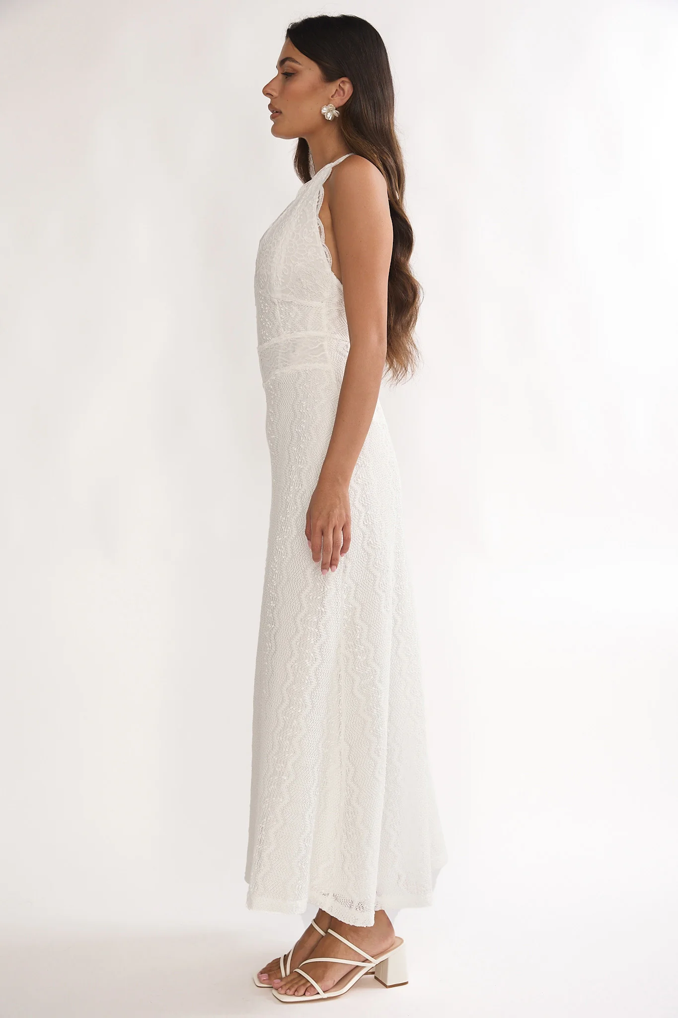 Beaucoup Lace Overlay Halterneck Maxi Dress Cream - Image 6