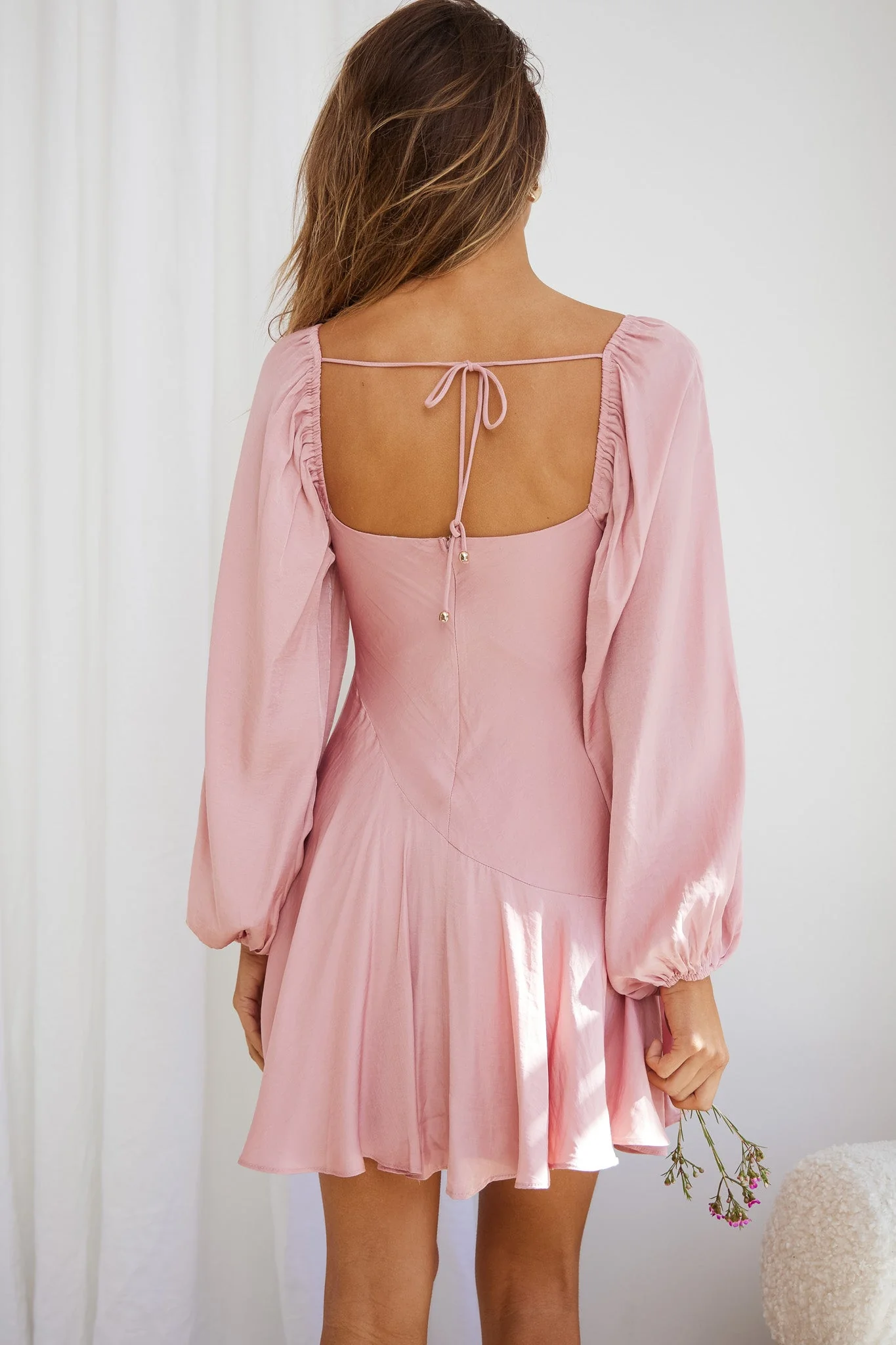 Beaujolais Long Sleeve Cowl Neckline Ruffle Satin Mini Dress Blush - Image 12