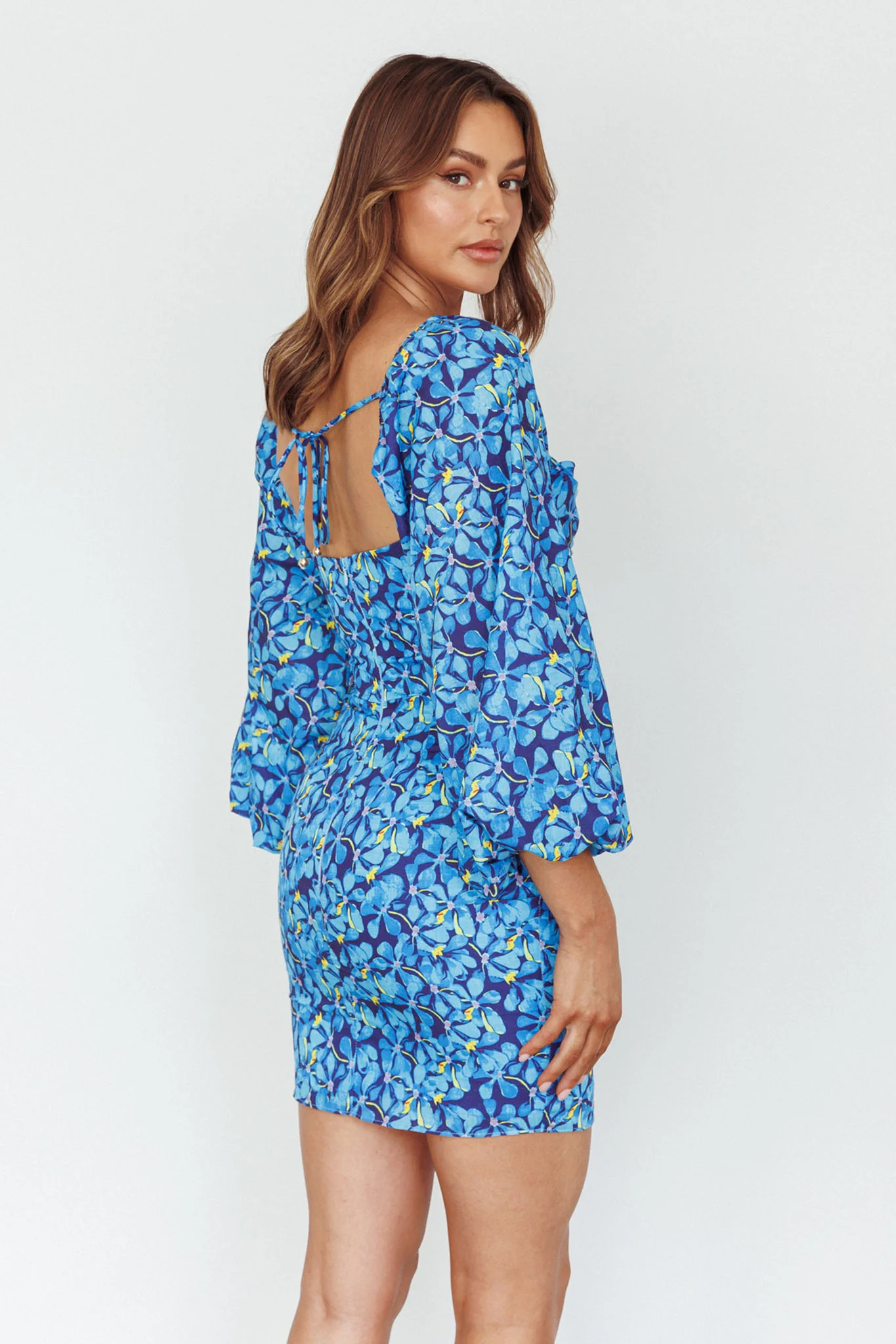 Beaujolais Long Sleeve Ruched Mini Dress Floral Blue - Image 2