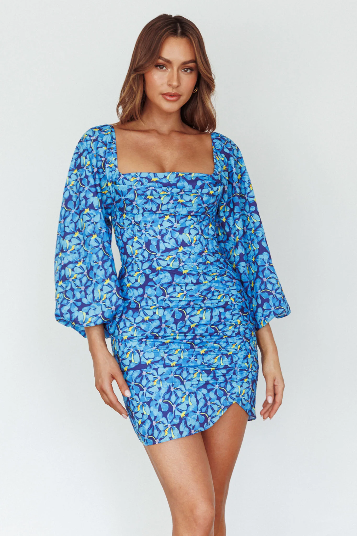 Beaujolais Long Sleeve Ruched Mini Dress Floral Blue - Image 4