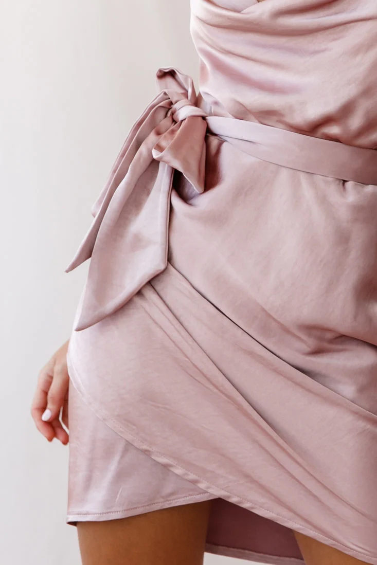 Bebe Satin Cowl Neck Wrap Dress Rose Gold - Image 5