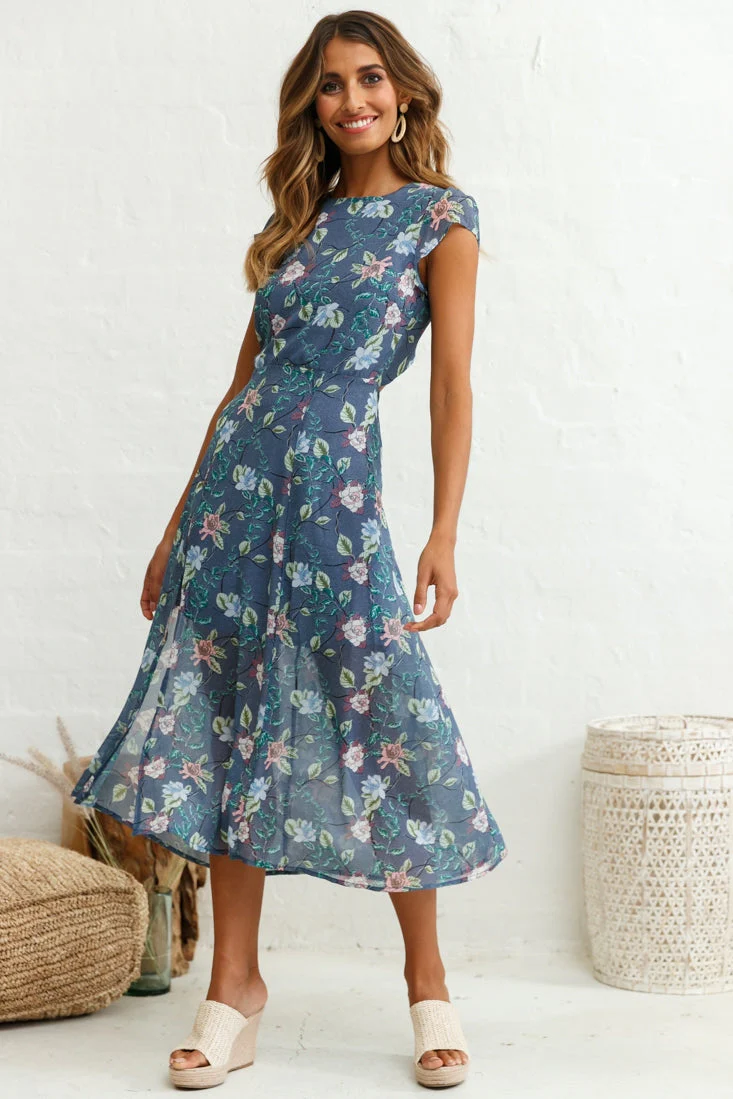 Becky Cap Sleeve Crew Neck Midi Dress Floral Print Ink - Image 5