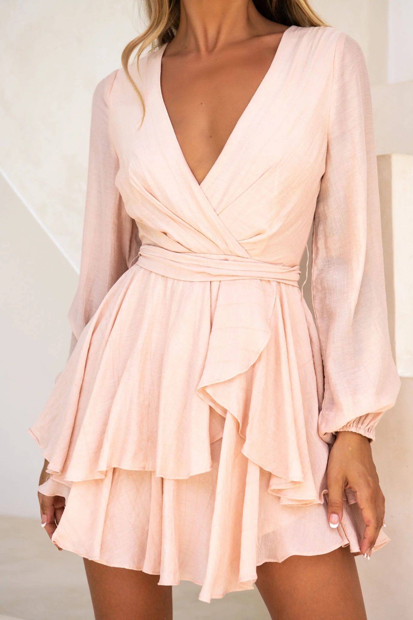 Believe Me Long Sleeve Surplice Neckline Dress Beige - Image 4