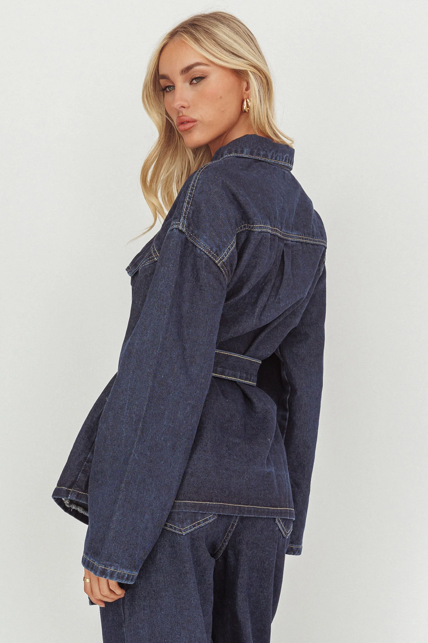 Belisse Waist Tie Button Jacket Denim Blue - Image 2