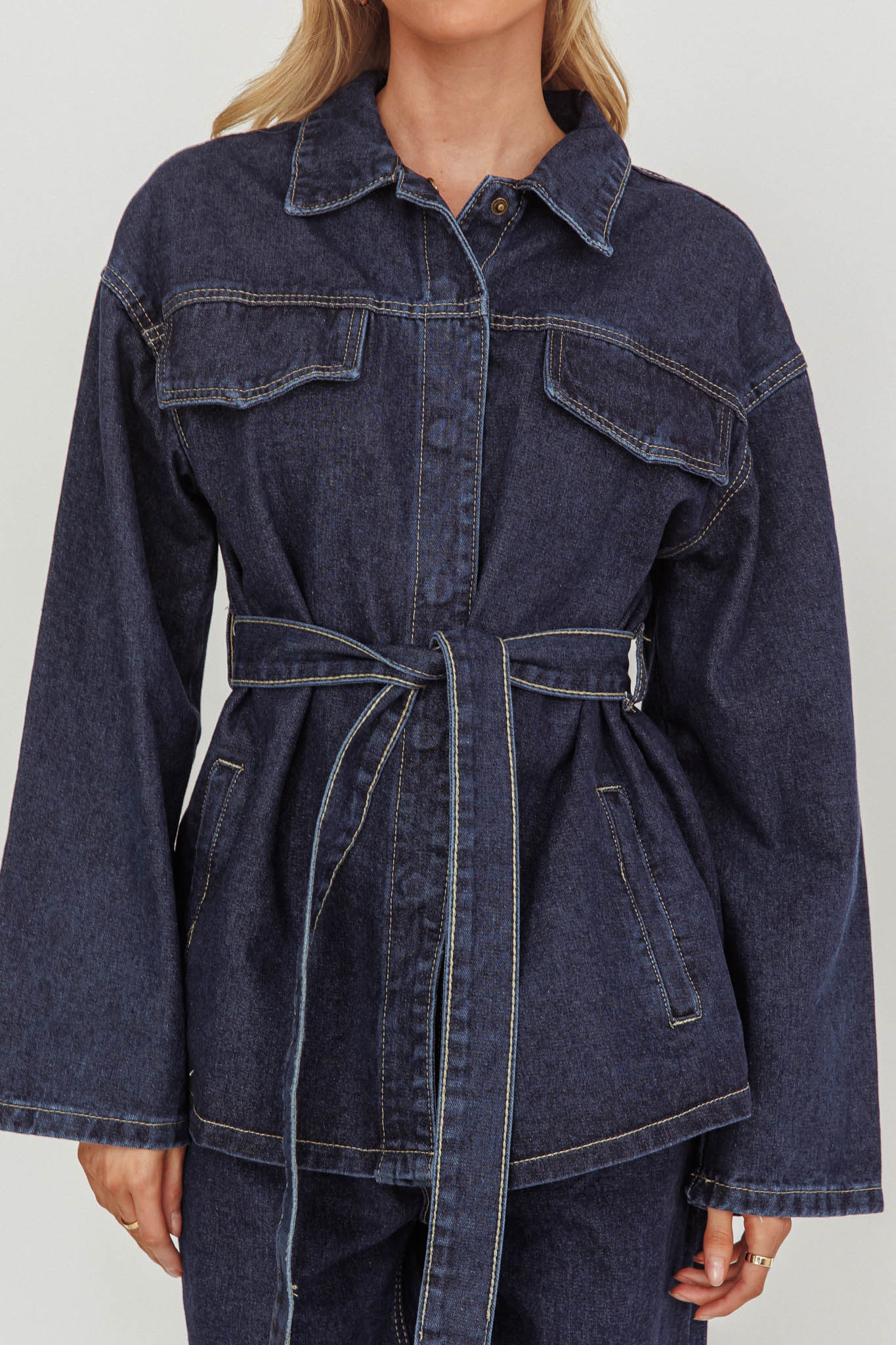 Belisse Waist Tie Button Jacket Denim Blue - Image 3
