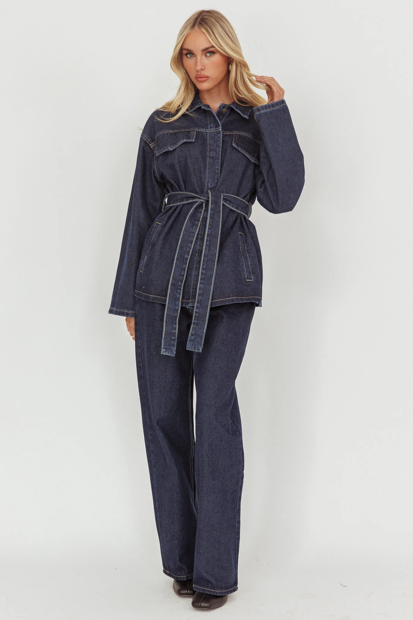 Belisse Waist Tie Button Jacket Denim Blue - Image 4