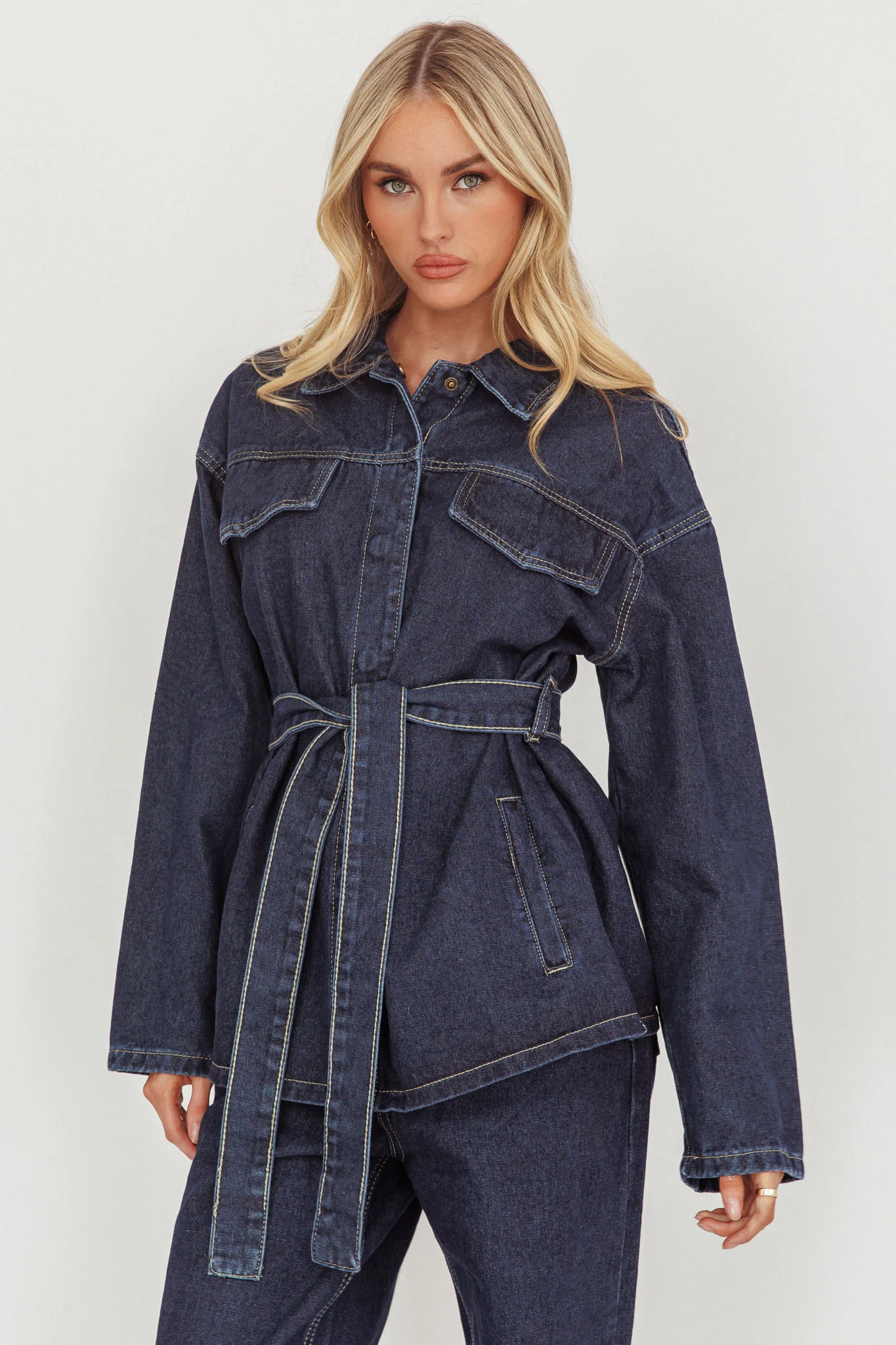 Belisse Waist Tie Button Jacket Denim Blue - Image 5