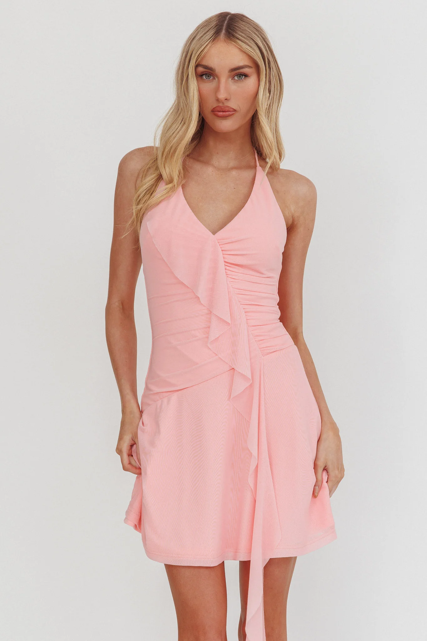Belize Nights Ruffle Trim Halter Neckline Mini Dress Pink - Image 5