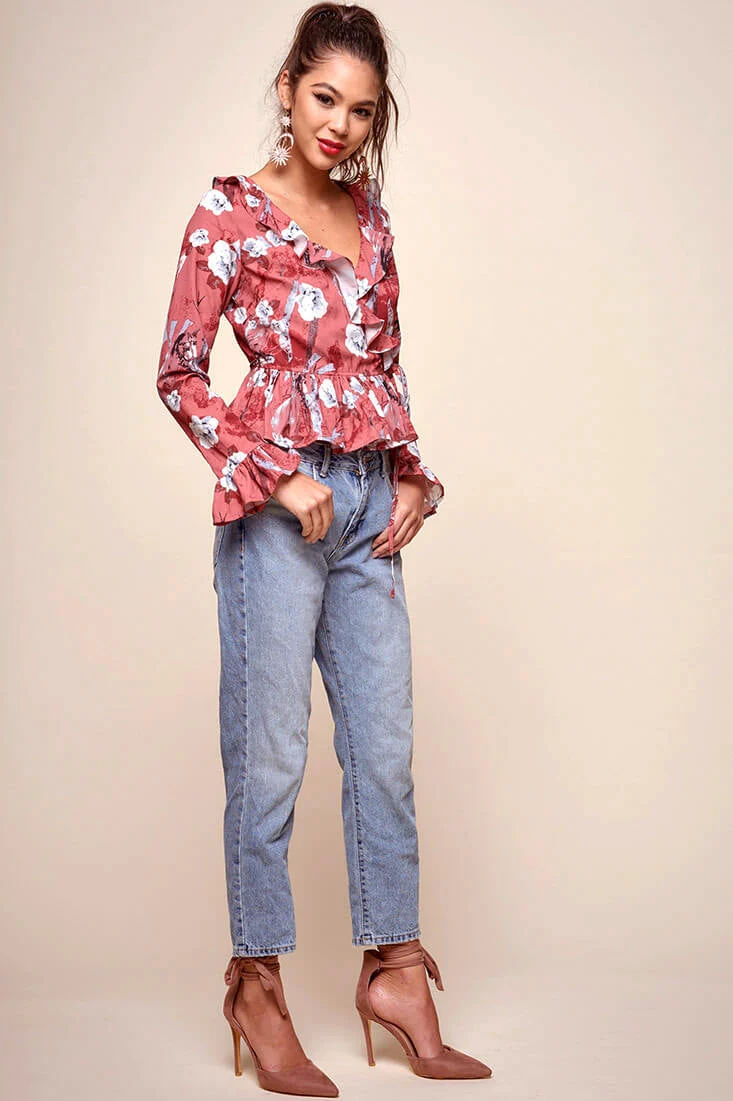 Bellamy Ruffled Bell Sleeve Floral Top Red - Image 2