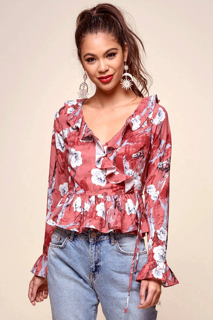 Bellamy Ruffled Bell Sleeve Floral Top Red - Image 3