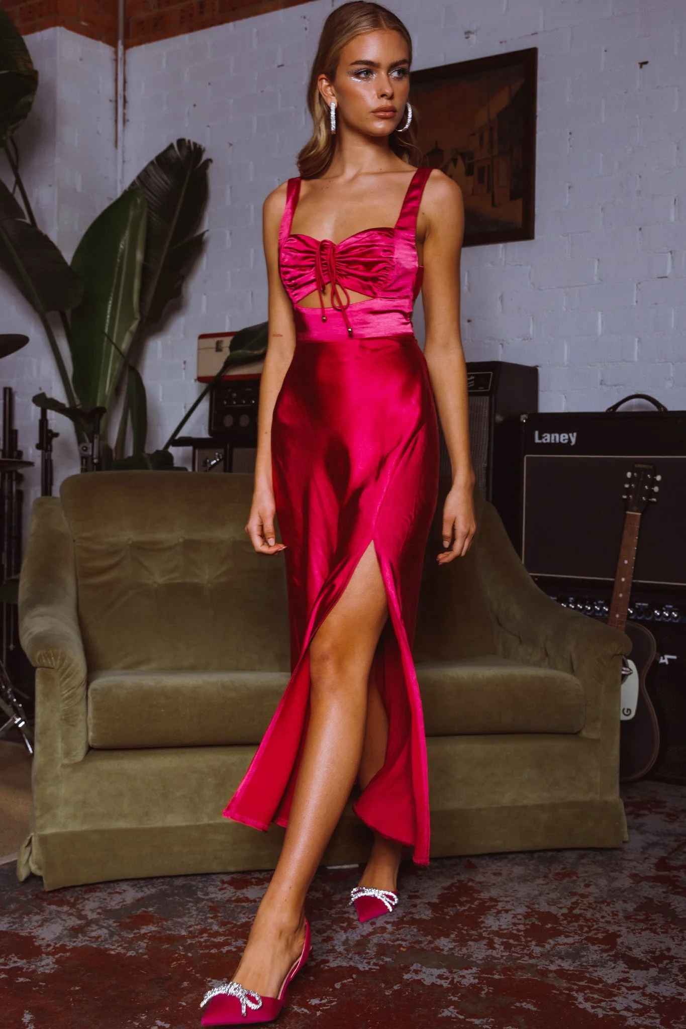 Belle Epoque Drawstring Bust Midi Dress Hot Pink - Image 2