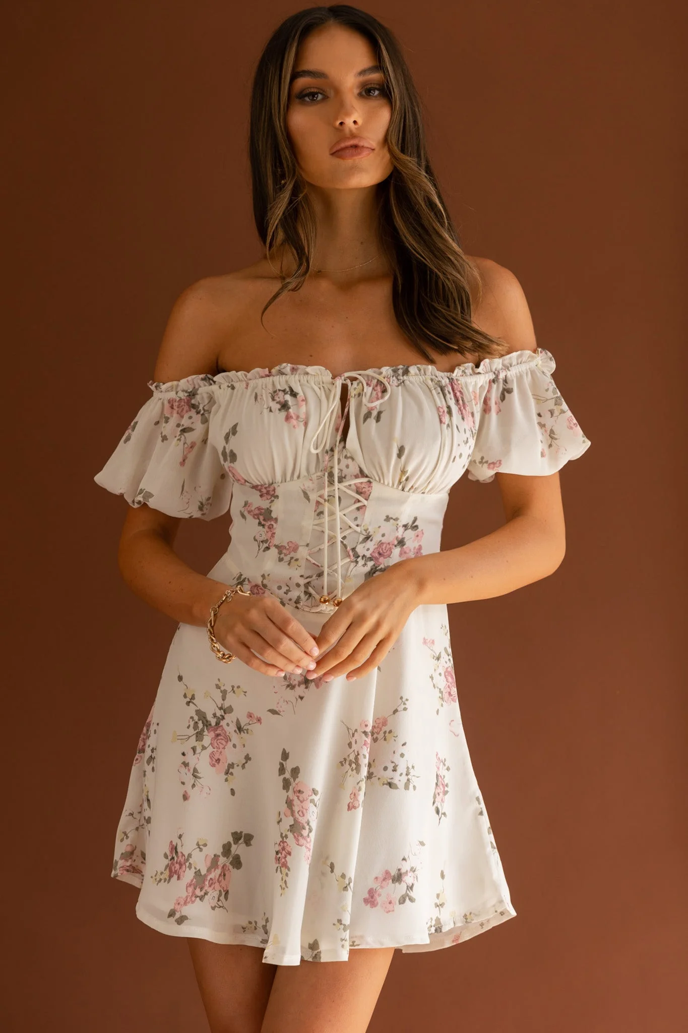 Belle Fleur Tied Bust Mini Dress Floral White - Image 9