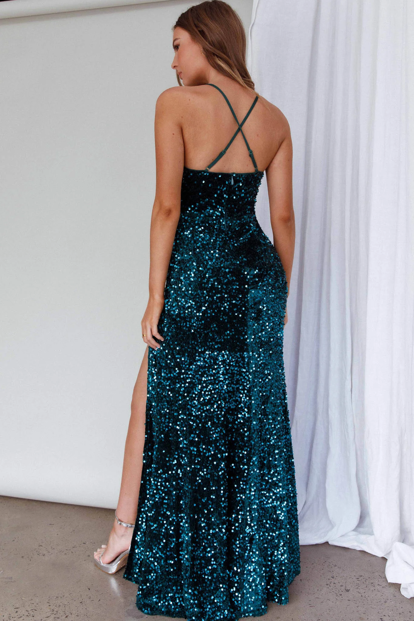 Bellerose Thigh Split Sequin Dress Emerald - Image 2