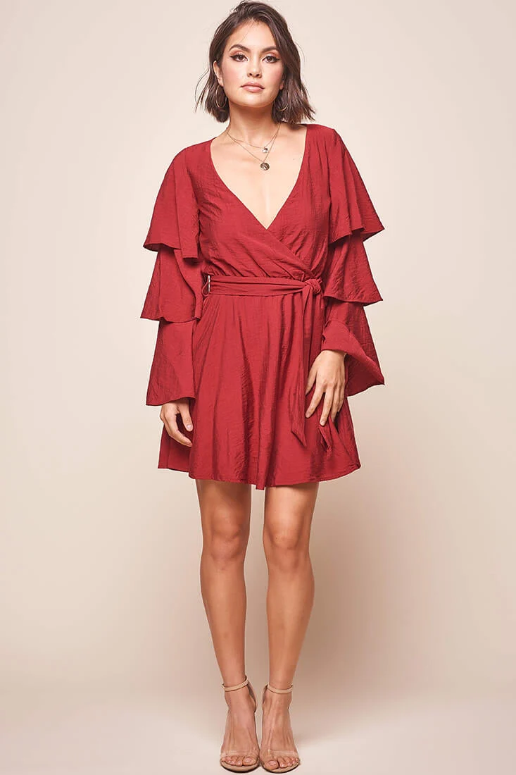 Bellini Tiered Ruffle Sleeve Dress Wine - Image 6
