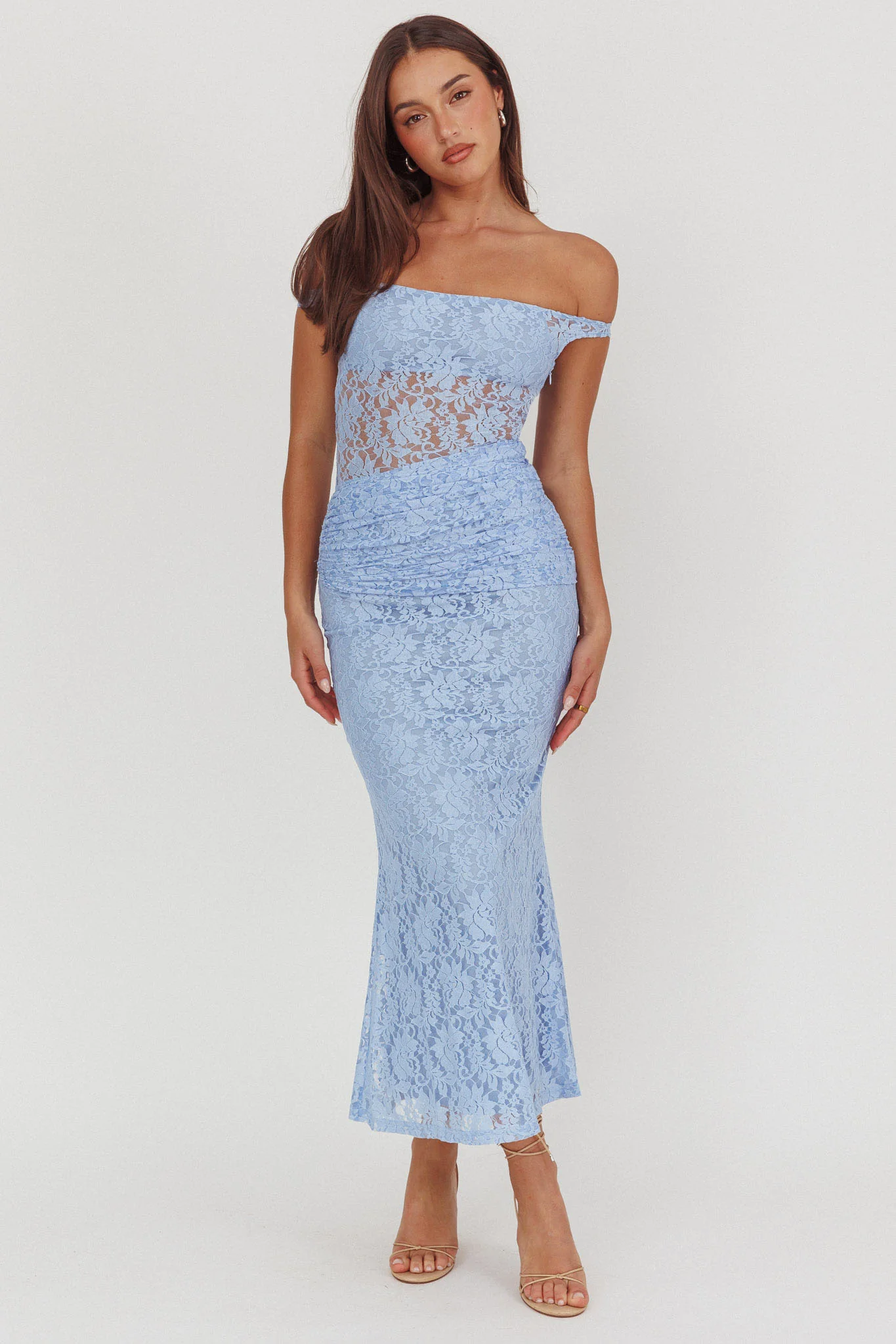Bellora Off-Shoulder Lace Maxi Dress Blue