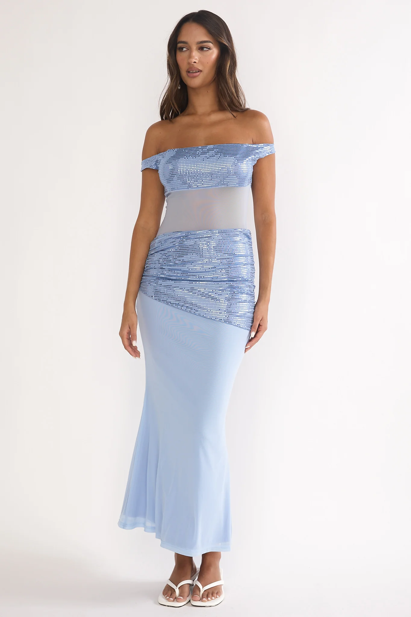 Bellora Off-Shoulder Sequin Trim Maxi Dress Blue - Image 4