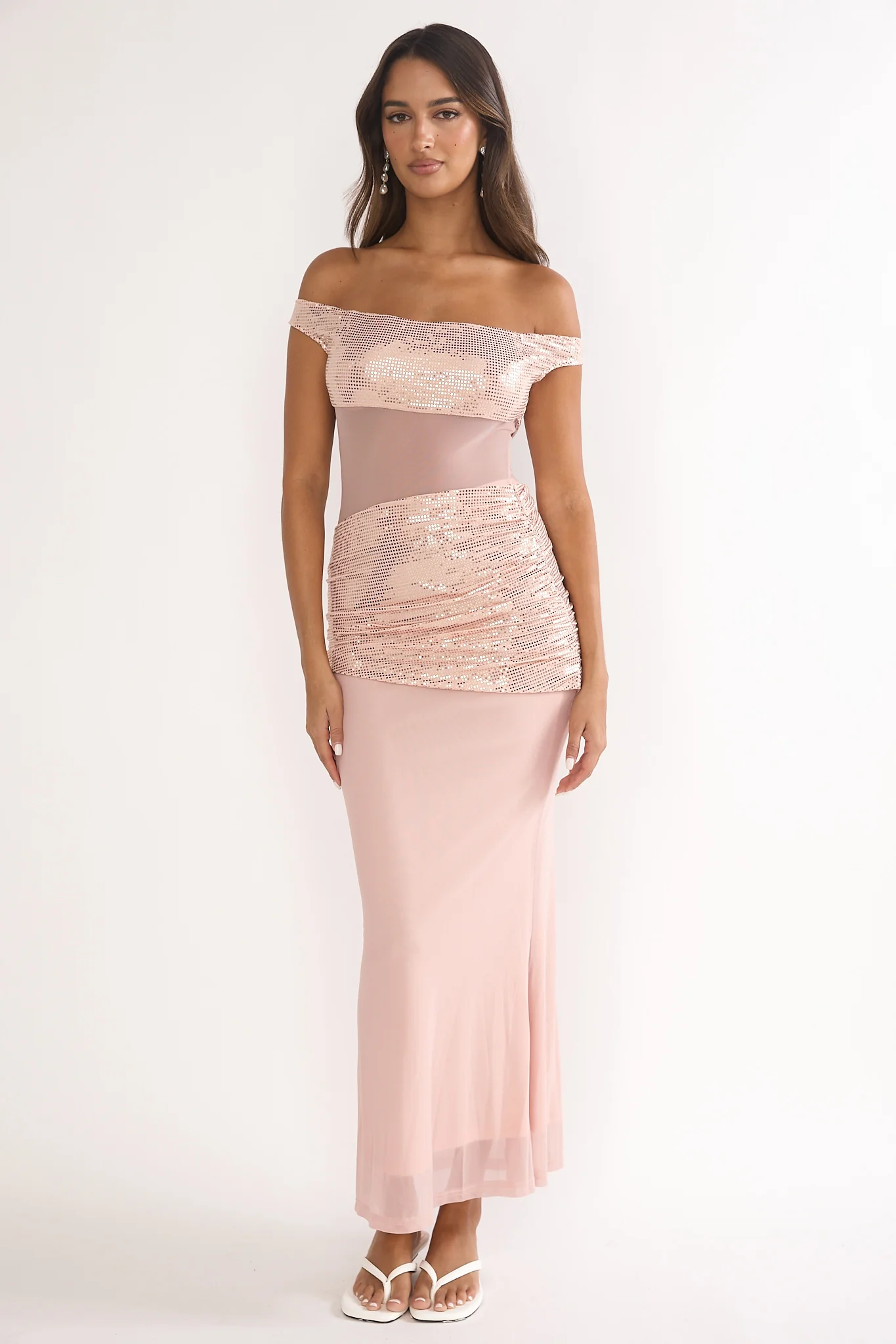 Bellora Off-Shoulder Sequin Trim Maxi Dress Nude - Image 4