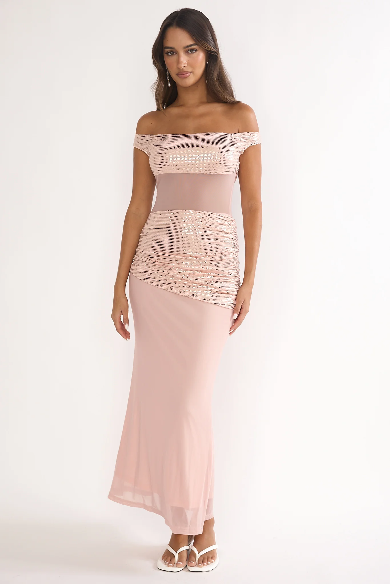Bellora Off-Shoulder Sequin Trim Maxi Dress Nude - Image 5