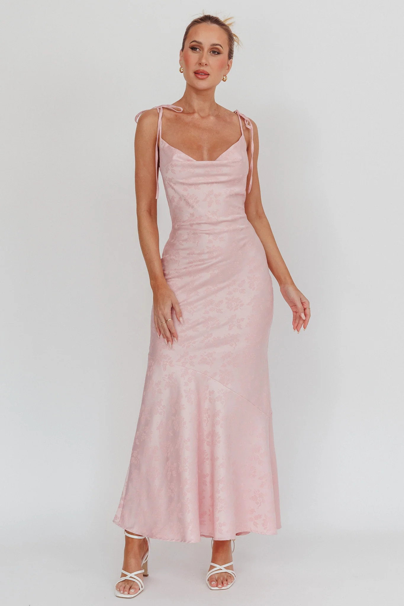 Belonging Cowl Neck Tied Shoulders Maxi Dress Blush - Image 4
