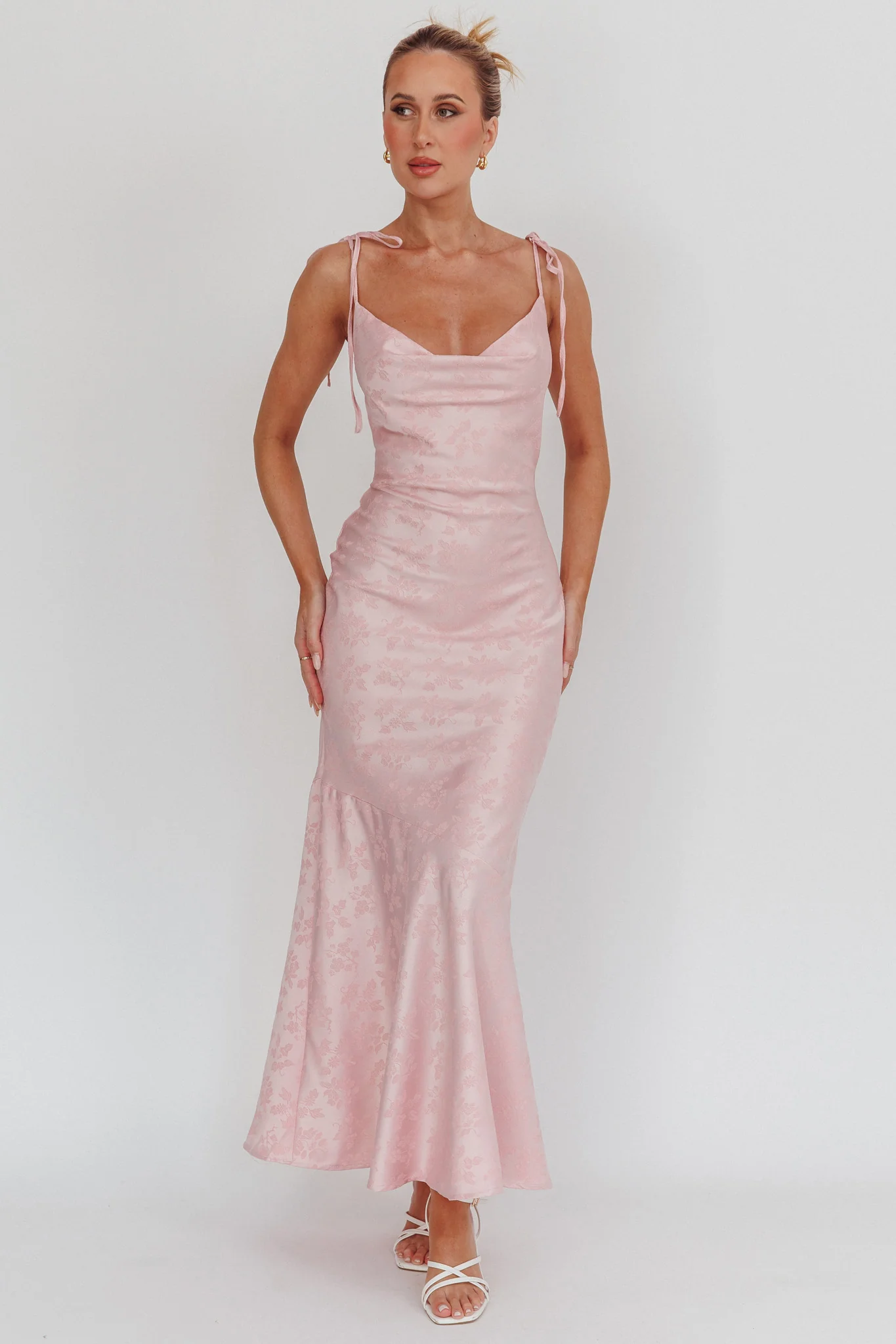 Belonging Cowl Neck Tied Shoulders Maxi Dress Blush - Image 6