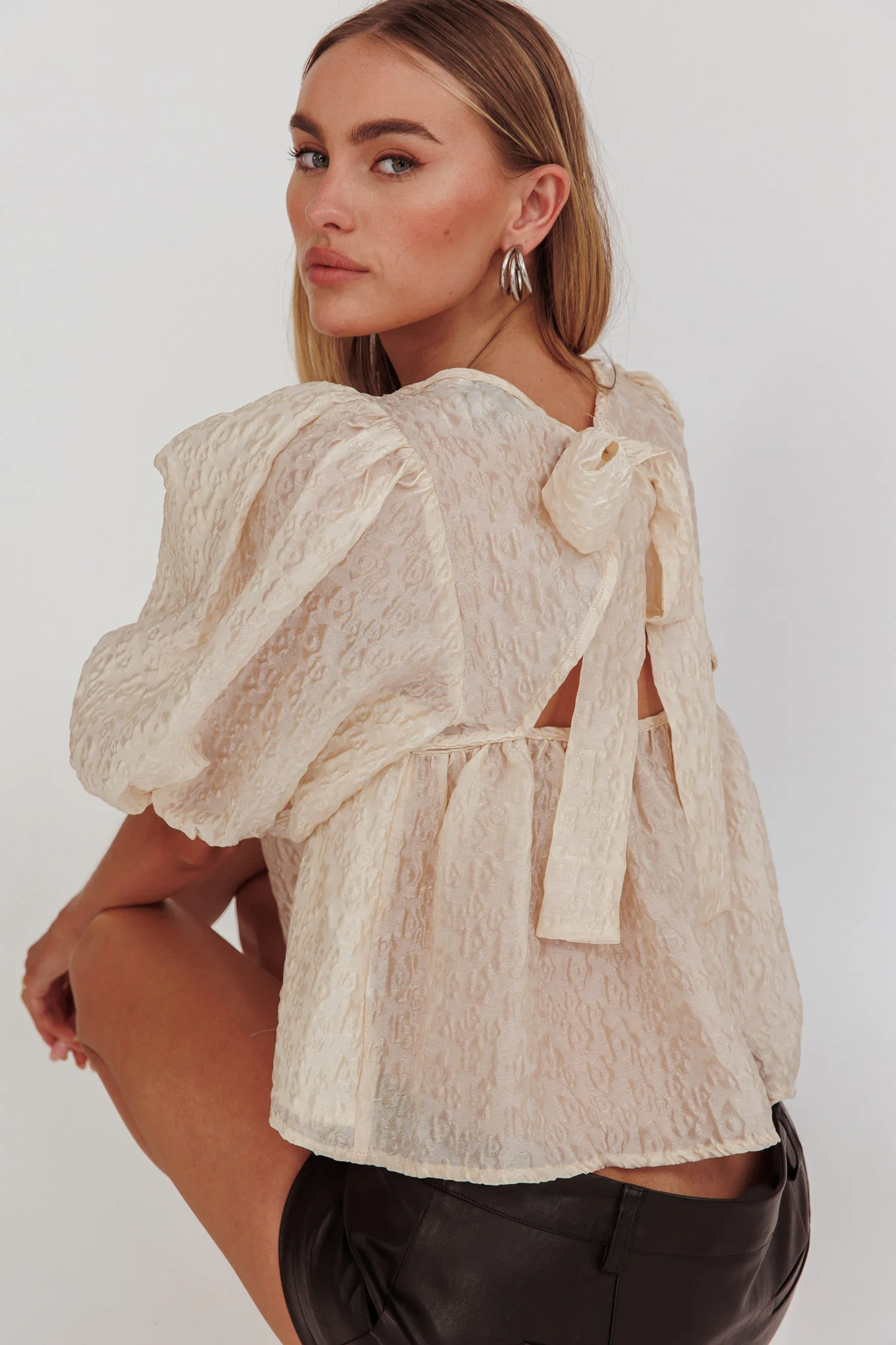 Beside You Puff Sleeves Tied Back Top Cream - Image 2